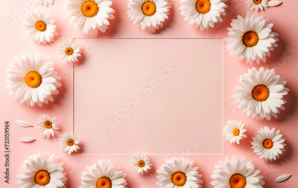 Fototapeta White daisies scattered around a pastel pink frame on a pink background. Floral composition concept. Generative AI