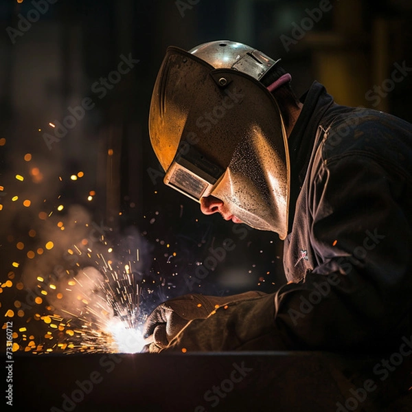 Fototapeta Welder in a workshop welds metal together