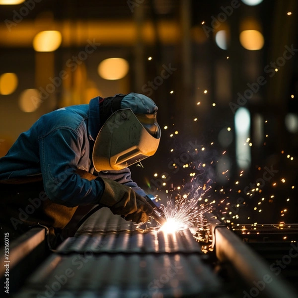 Fototapeta Welder in a workshop welds metal together