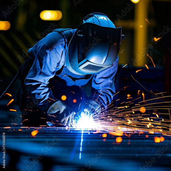 Fototapeta Welder in a workshop welds metal together