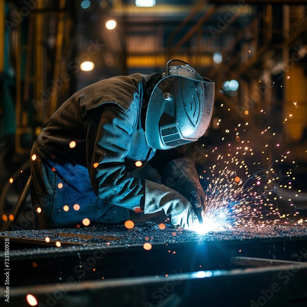 Fototapeta Welder in a workshop welds metal together