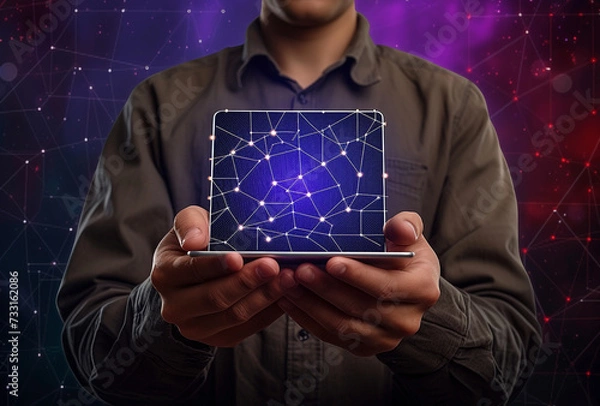 Fototapeta A man shows the screen of my laptop in his hands on which network points can be seen