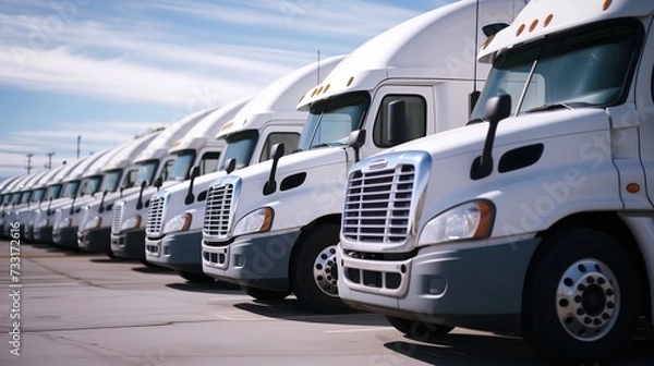 Obraz Row of White Semi Trucks Parked in Logistics Center