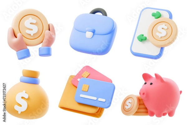 Fototapeta 3d Business and finance icon set. online buying, online payment and savings account. 3d render illustration 