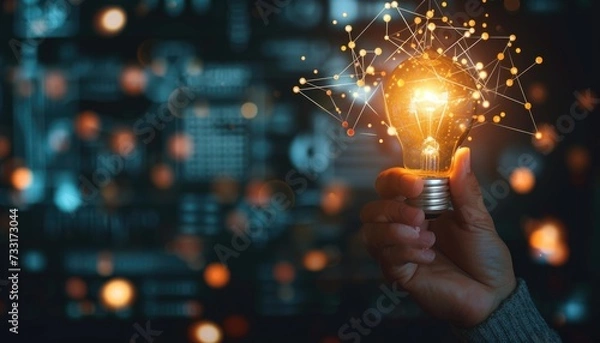 Fototapeta creative ideas for marketing and business plan. glowing light bulb with futuristic graphic icon.