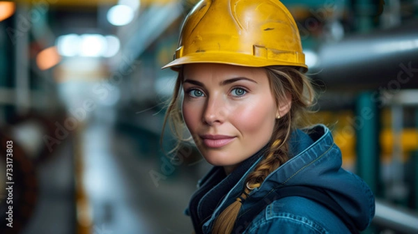 Fototapeta Engineer worker woman inspecting an industrial pipeline in a large factory. 
