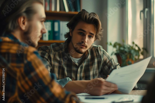 Fototapeta close up man consulting with financial manager in the office, talking about financial plan and retirement