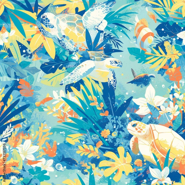 Obraz Ocean turtles as a background on a seamless tile, ai generated