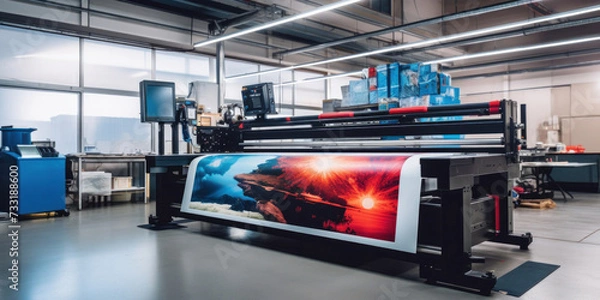 Fototapeta A large wide digital printer machine during production in background of modern print shop.
