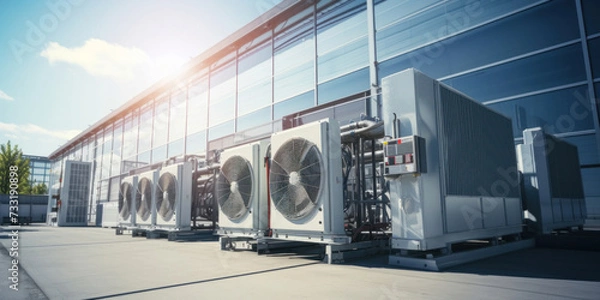 Fototapeta Condenser unit or compressor outside factory plant. Unit of ac air conditioner, heating ventilation or hvac air conditioning system.