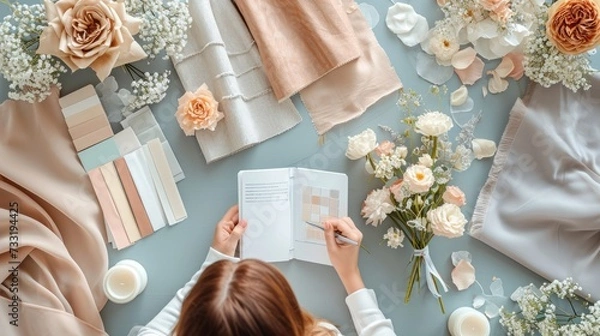 Obraz A beautifully arranged selection of wedding planning elements including delicate invitations, lace, and pastel florals on a rustic wooden surface..