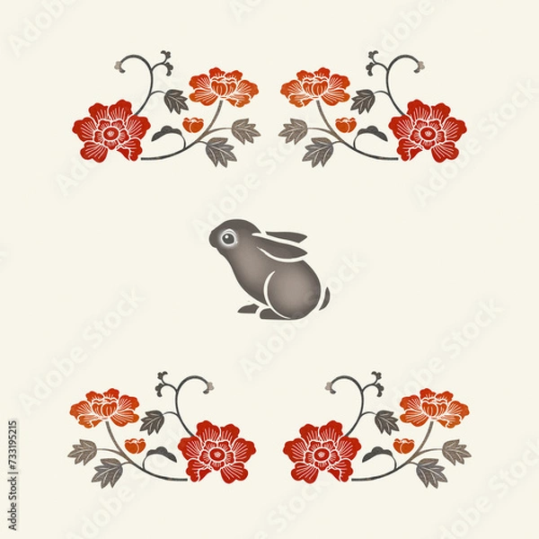 Fototapeta 花唐草模様と子ウサギ　