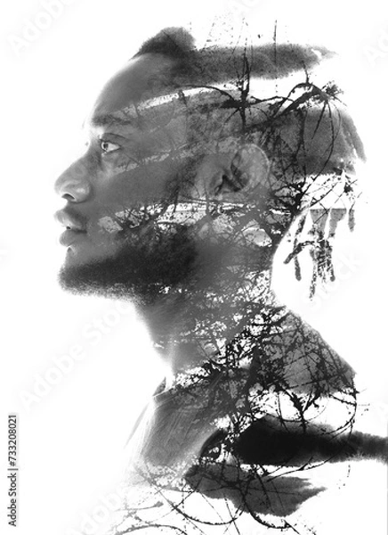 Fototapeta A black and white abstract paintography profile double exposure portrait