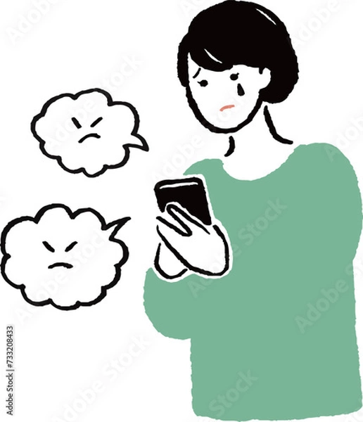 Obraz スマホを見て不安な女性のイラスト
