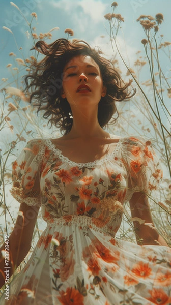 Fototapeta woman in vintage dress with flowers,ai