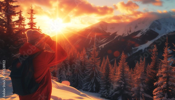Fototapeta The lonely tourist in a bright orange jacket is observing a stunning sunset landscape in the wild pinewood forest. High snowy mountains are visible in the background.