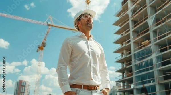 Obraz Happy mature architect wearing hardhat standing at construction site
