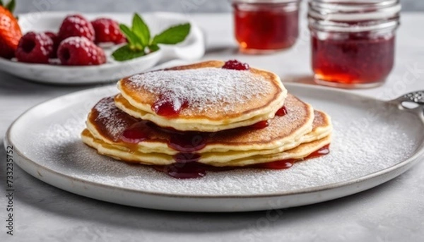 Fototapeta A stack of pancakes with syrup and strawberries