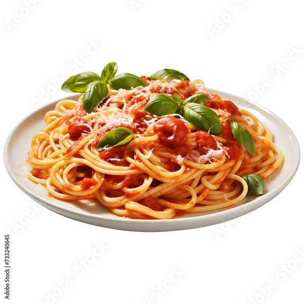 Fototapeta Spaghetti or pasta with tomato sauce and fresh green basil on a white plate isolated on a transparent background - top view