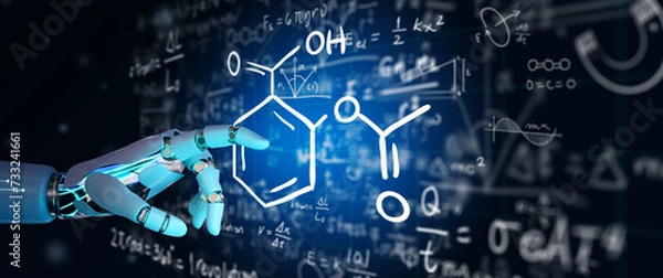 Fototapeta Ai Robot Hand on science formula and math equation abstract black board background. Mathematic or Chemistry education, Artificial intelligence Concept.