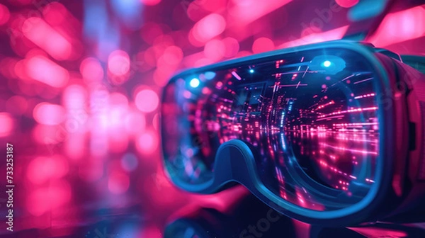 Fototapeta close-up of virtual glasses, reflection from neon lights, abstract background pink, red, blue bokeh