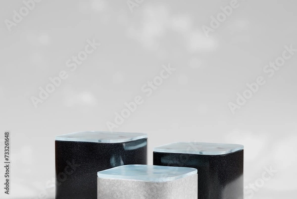 Fototapeta Podium or Pedestal in Triple with Black and Grey Marble on Crystal Glass Combination for Product Presentation 3d Rendered