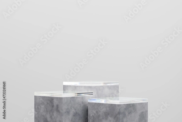 Fototapeta Podium or Pedestal in Triple with Grey Marble and Glass Combination for Product Presentation 3d Rendered