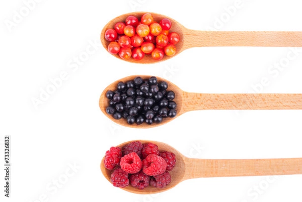 Fototapeta Elderberry, cranberry and raspberry in a wooden spoon .