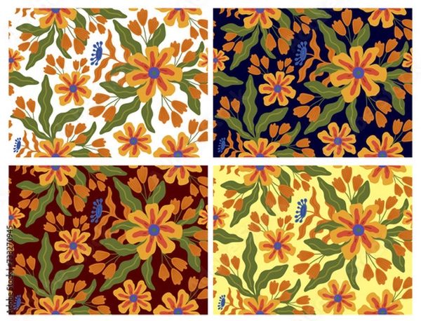 Fototapeta Bright floral seamless patterns. Beautiful collection of seamless patterns with roses, peonies, forget-me-nots, orchids, leaves, flower bouquets, floral arrangements. Covers for laptops, wallpapers.