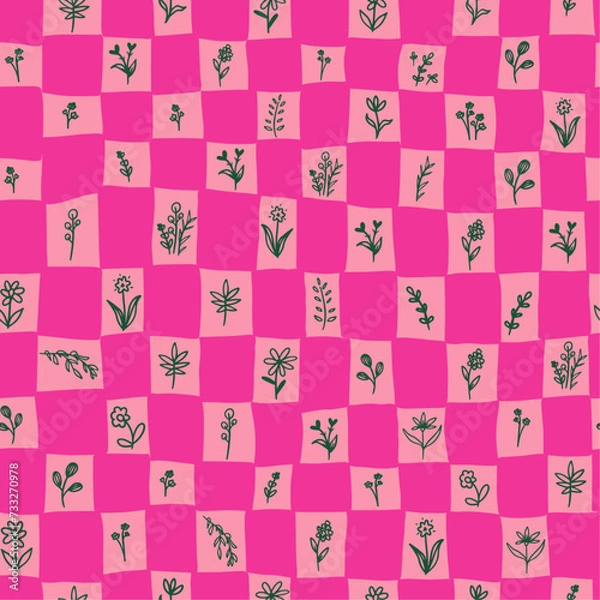 Fototapeta Gridded Garden. Pink check pattern with botanical seamless repeat pattern. Hand drawn, vector flowers, leaves, herbs, branches grid aop all over surface print.