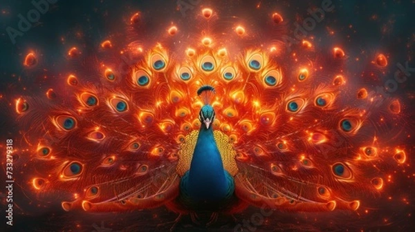 Fototapeta a peacock with orange and blue feathers is standing in front of a black background with red, orange, and blue lights.