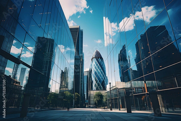 Fototapeta A view from the road between high-rise buildings made entirely of glass