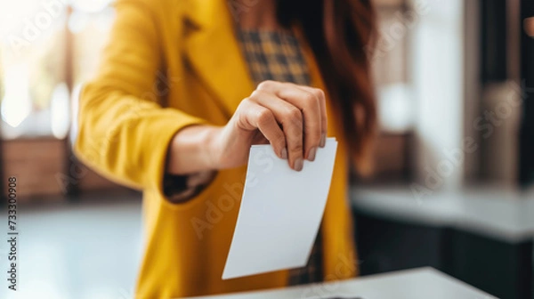Obraz The hand of a woman voting at a polling station during voting.