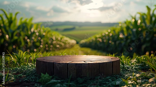 Obraz podium for table stand display, with a corn plantation in the background and blue sky - AI Generated