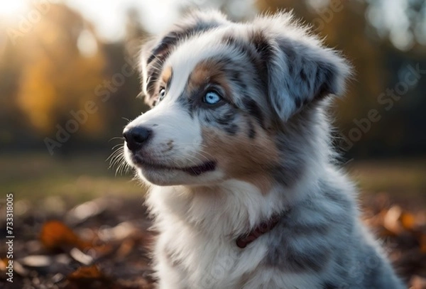 Fototapeta Close up of a cute Australian Shepherd puppy looking at the sky