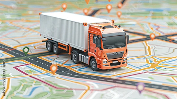 Fototapeta Business truck with container travelling on paper map