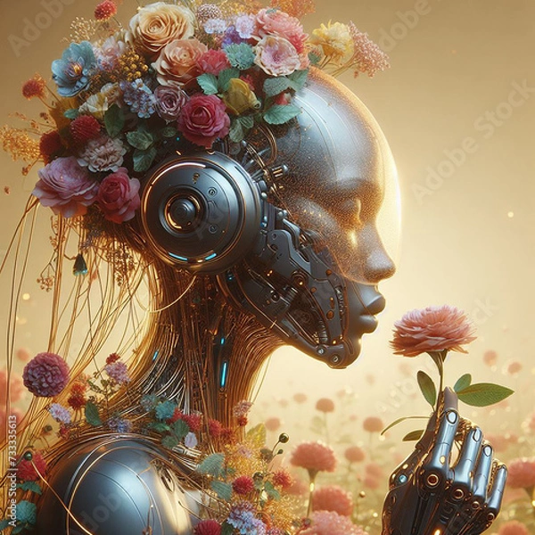 Fototapeta Close Up Portrait of Artificial intelligence Golden Threads of the Future: A Cyborg's Snow Garden
