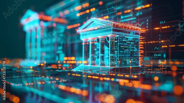 Fototapeta A contemporary of a high-tech bank with advanced cyber security systems, brimming with digital elements