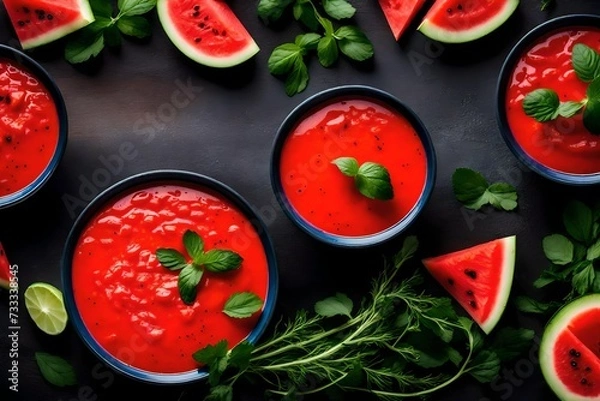 Fototapeta A cooling cucumber and watermelon gazpacho with a dash of mint. 