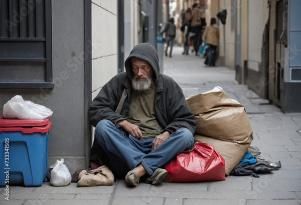 Obraz Wandering the shabby streets with all his belongings, a man without a home