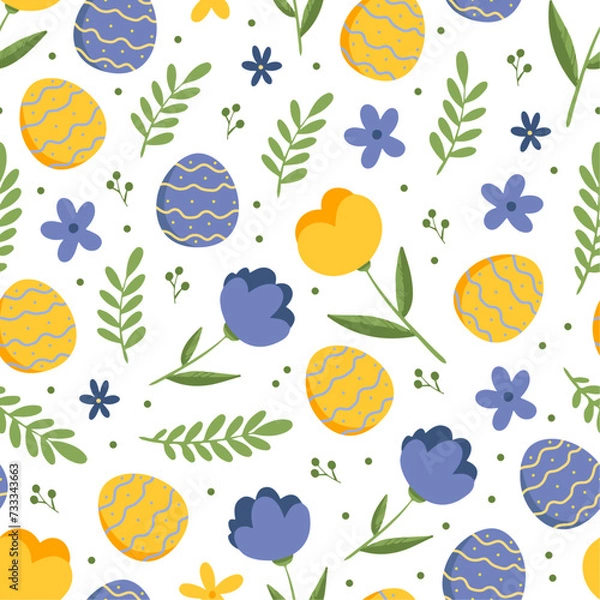 Fototapeta Cartoon pattern with Easter eggs and flowers on white background. Cute vector Easter design for wrapping paper, gifts, textile desing.