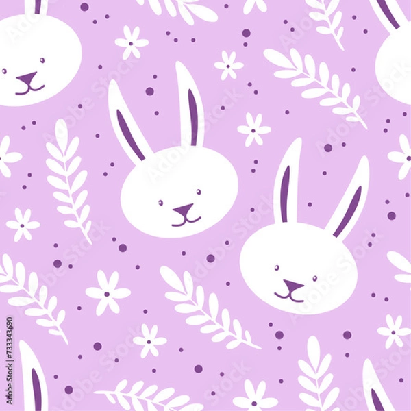 Fototapeta Easter seamless pattern with cute white rabbit and floral elements. Cute vector background for Easter holiday