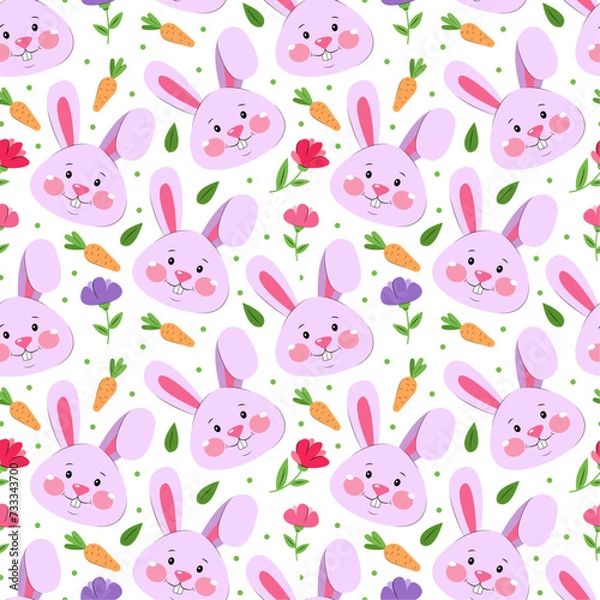 Fototapeta Seamless pattern with cute rabbits, flowers and carrots on white background. Easter holiday wrapping paper, textile design, fabric.