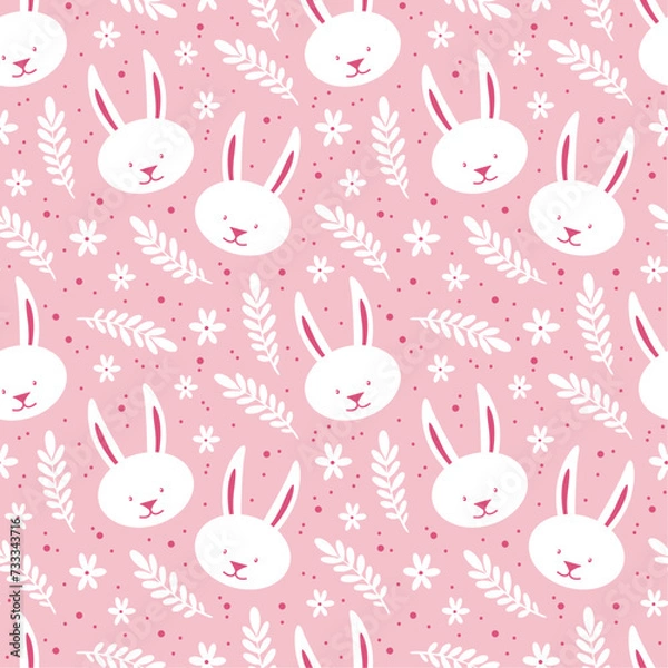 Fototapeta seamless pattern with bunnies and flowers on pink background