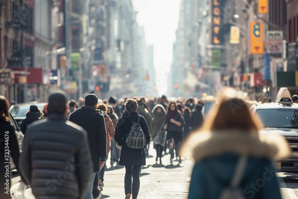 Fototapeta The crowd in a street of a big city walking in the same direction. AI generated