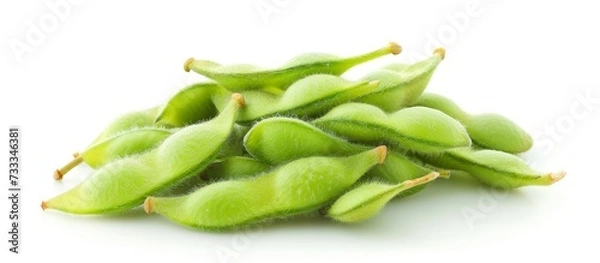 Fototapeta A pile of fresh green soybeans in their pods, a staple food in many cuisines. Soybeans are a versatile ingredient in dishes and belong to the legume family.