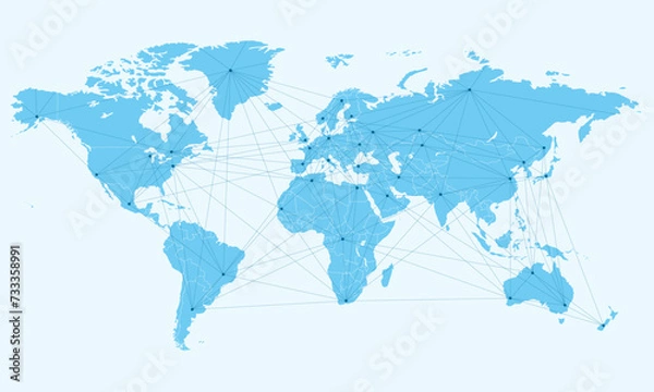 Fototapeta Global Air Traffic Routes Connecting Continents and Major Cities Worldwide. Network, internet, global air traffic, routes connectivity between continents and major cities across the world.