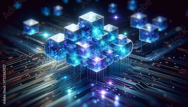 Obraz Futuristic serverless computing network with glowing cubes and beams