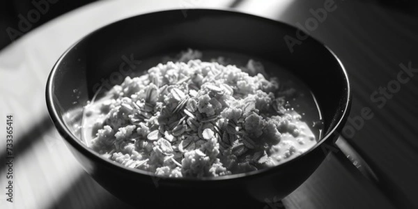 Fototapeta A simple bowl of oatmeal sitting on a table. Can be used to illustrate a healthy breakfast or a cozy meal at home