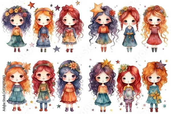 Obraz watercolor painting style illustration of cute happy spring girls, isolated on white background, collection set, generative Ai	
